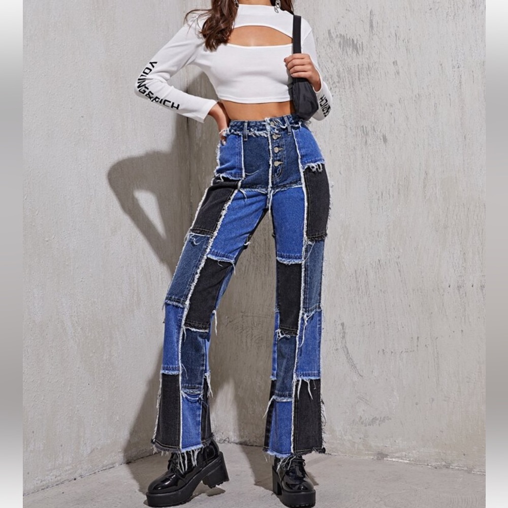 Shein High Waist Checkered Patch Denim